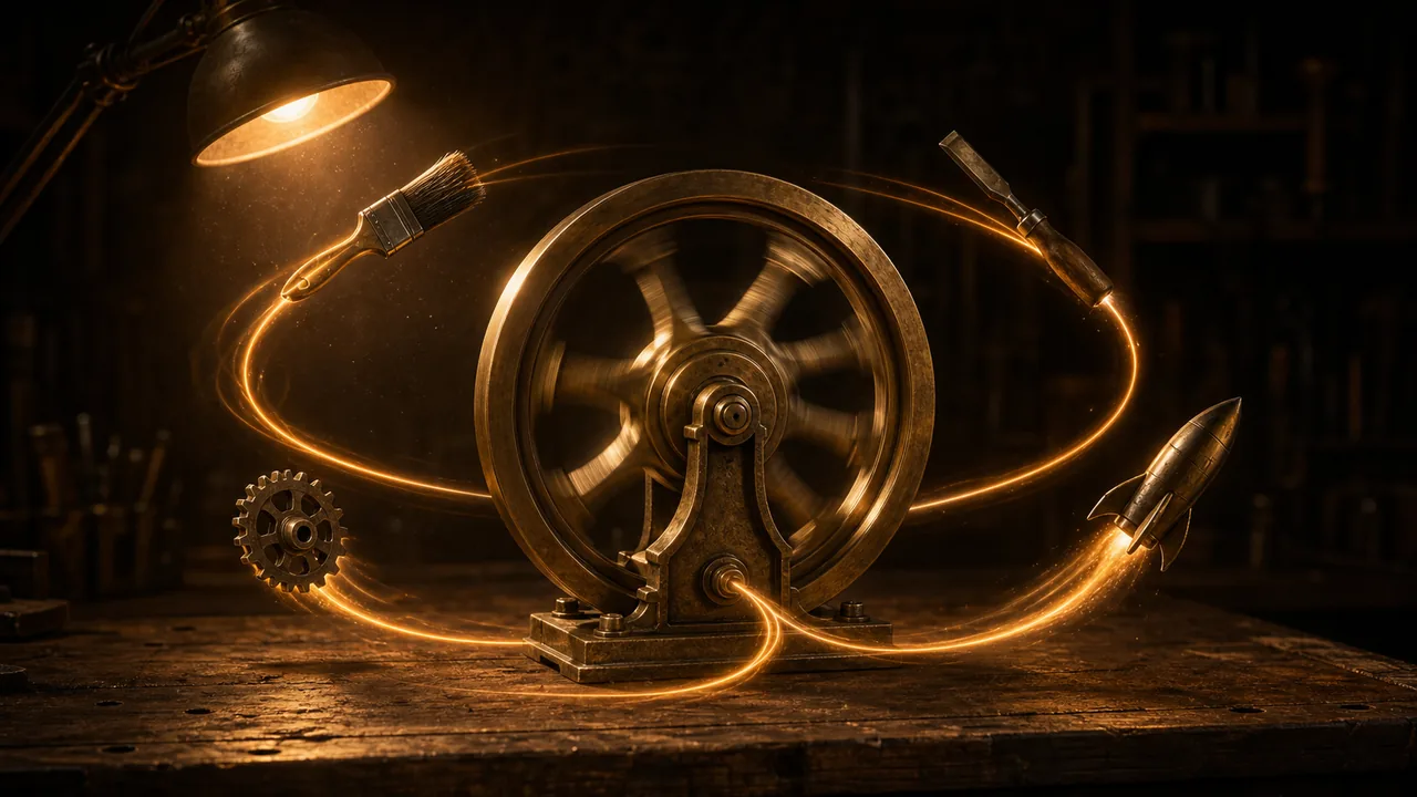 Flywheel illustration: a glowing wheel of cards, brushes, code and rockets; tool blocks thrown off arc back in to spin it faster