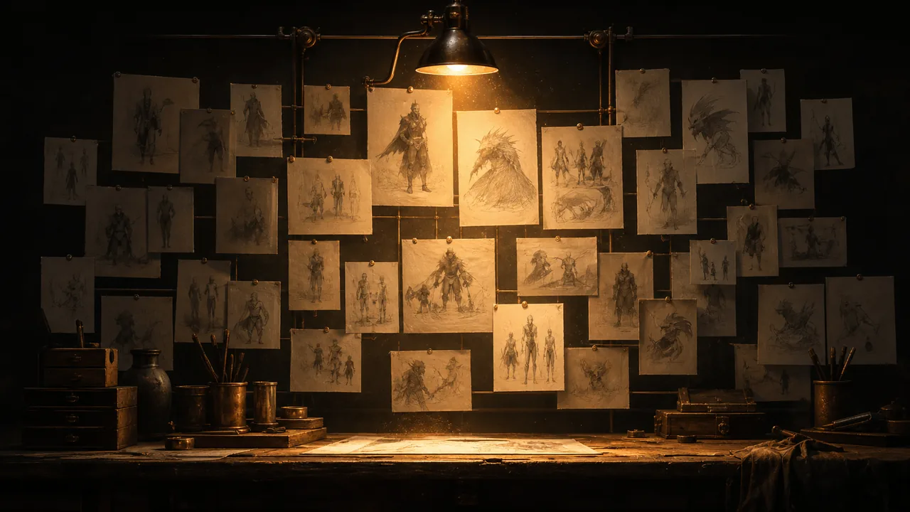 Art library illustration: concept paintings and character sheets floating in a glowing grid archive, some lit and some dimmed