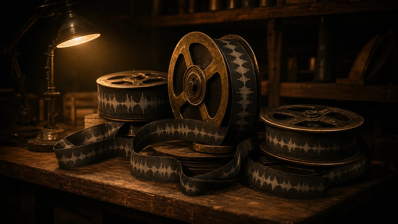 Audio library illustration: long waveform ribbons rolled into glowing scrolls, arranged on shelves like film reels