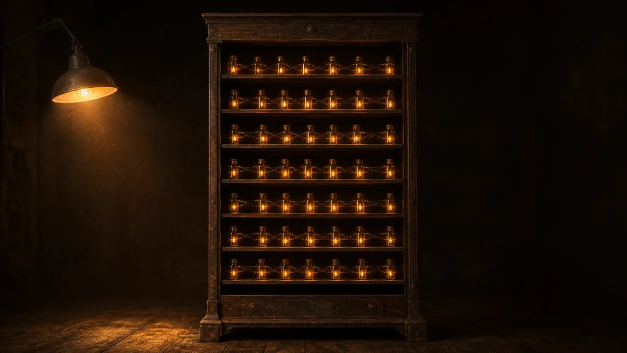 Memory library illustration: a tower of glowing crystal nodes linked by thin cyan lines, extending into the dark