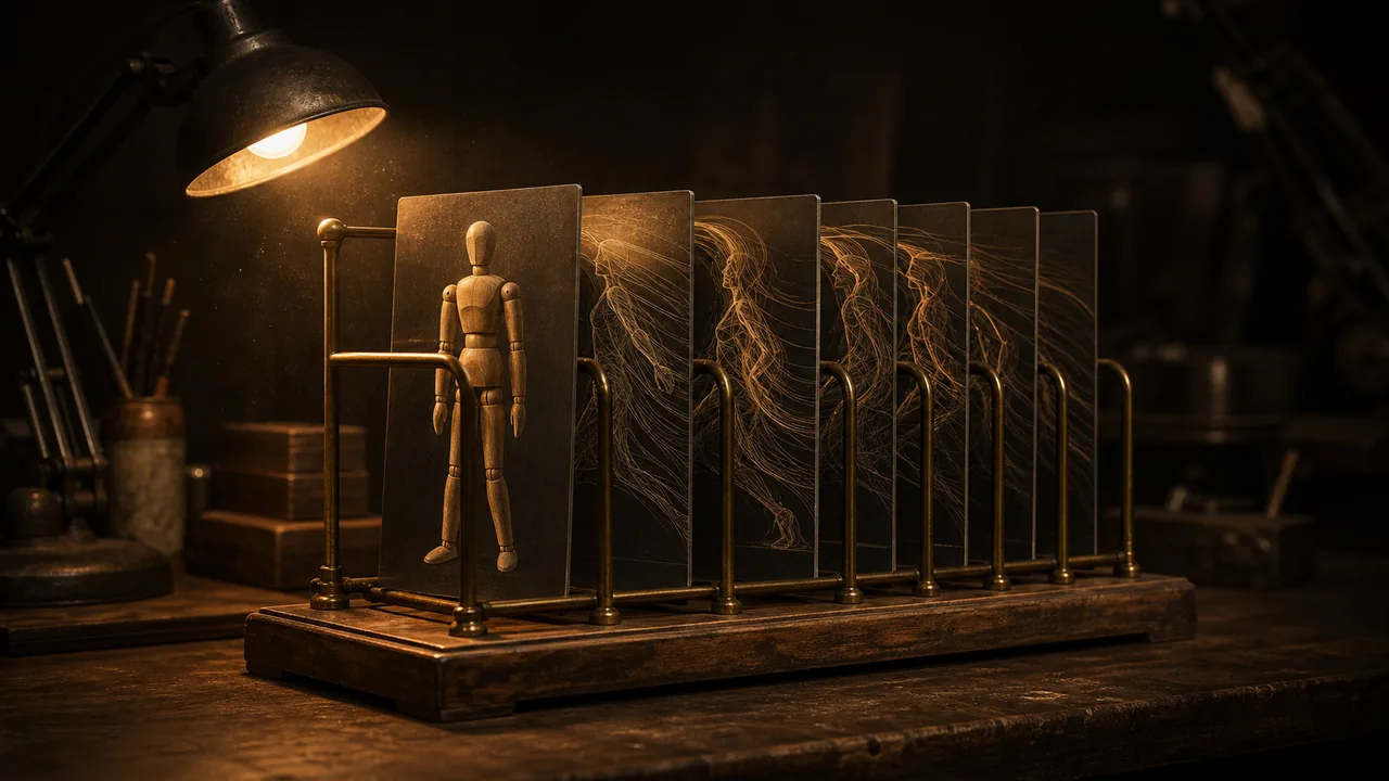 Model and motion library illustration: a wireframe human model and motion-capture trajectory ribbons stored as glowing plates on a vertical rack