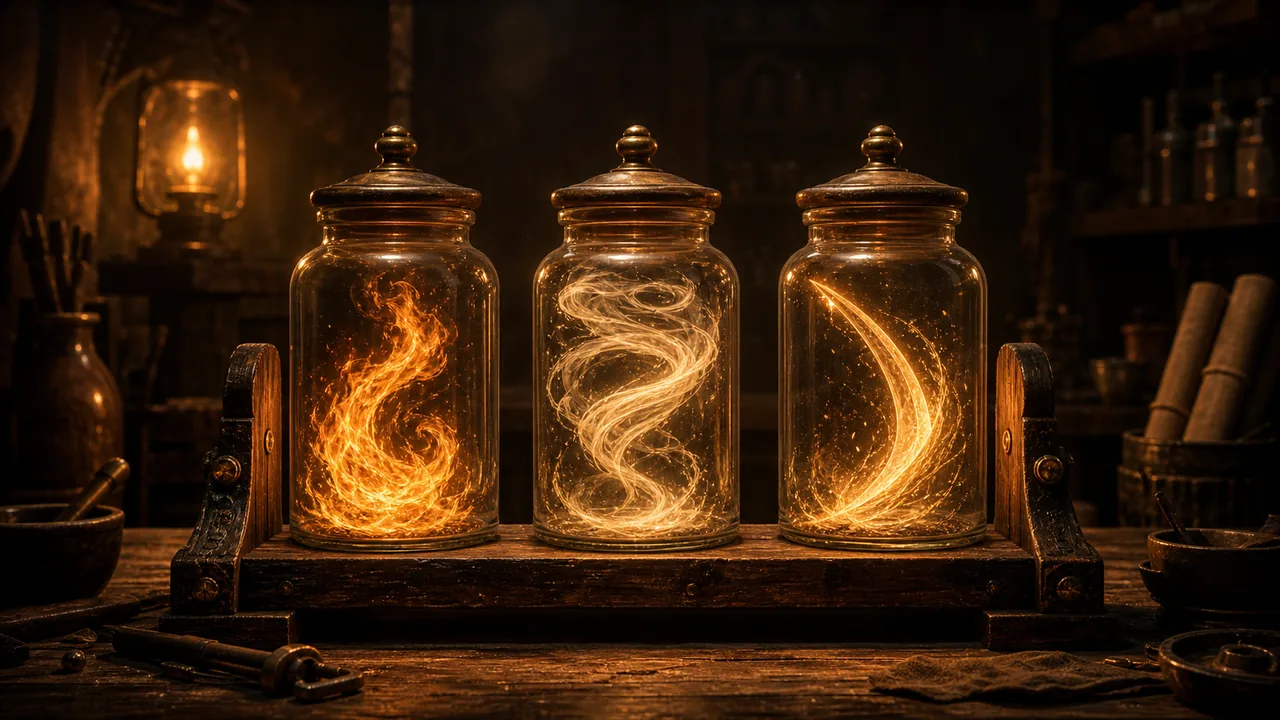 VFX library illustration: whirlwind, flame and blade-trail effects each sealed in a glowing glass specimen column on a shared base